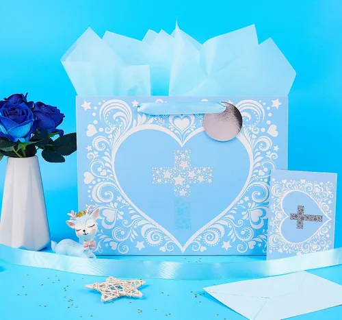 Miniatura 3 de JWSCYSY Bolsa de Regalo Grande de 32 cm Azul con Diseño de Cruz de Estrella Plateada Metálica, Tarjeta y Papel de Seda para Bautizos, Bautismos