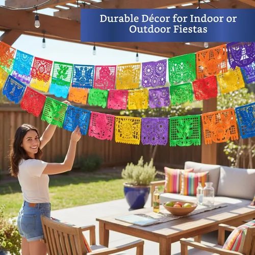 Miniatura 6 de Pancartas de fiesta mexicana (paquete de 5 con 10 banderas de plástico por bandera), papel picado mexicano para fiesta, papel picado de plástico