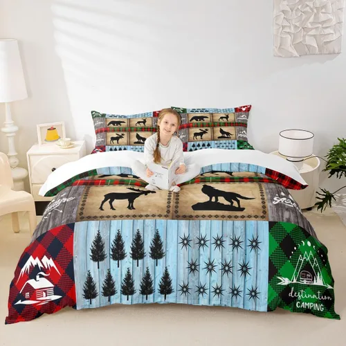 Juego de funda de edredón para niños de ciervo, oso, lobo, tamaño individual, juego de ropa de cama de cabaña de aventura para niños, niñas,