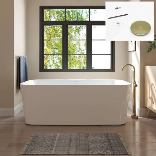 Miniatura 10 de FerdY Maui Bañera Independiente de 67" Elegante Bañera de Remojo Independiente, Blanco Brillante, Certificado cUPC, Conjunto de Drenaje y Drenaje