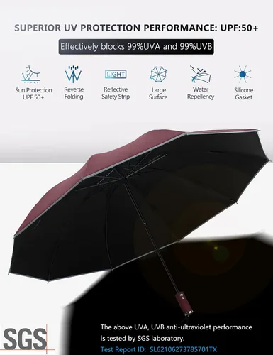 Miniatura 2 de XIXVON Umbrella Pro UPF 50 99 UV Protection Reflective Safety Strip Sturdy Windproof Travel Portable Automatic Reverse Folding Umbrella
