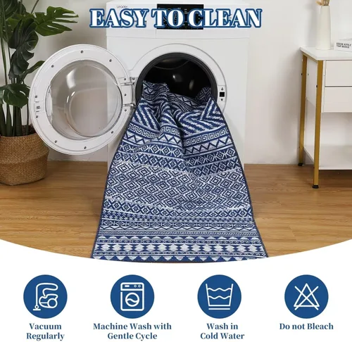 Miniatura 8 de Zacoo Alfombra bohemia para pasillo de 2 x 6 pies, alfombra geométrica de pelo bajo, antideslizante, resistente a las manchas, para cocina, marino