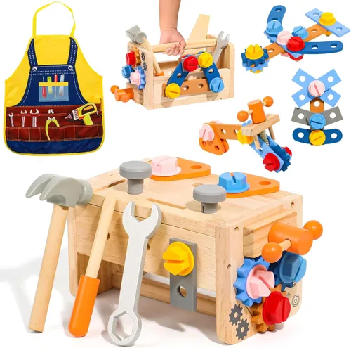 TONZE Juego de herramientas para niños con delantal, caja de banco de herramientas de madera para niños pequeños, juguetes Montessori para niños y