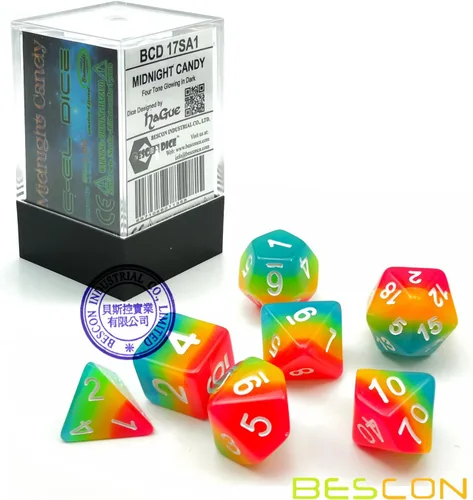 Miniatura 4 de Bescon Fantasía Arco Iris Brillante Dados Poliédricos 7pcs Set Caramelo de Medianoche, Juego de dados RPG Luminoso Resplandor en la oscuridad