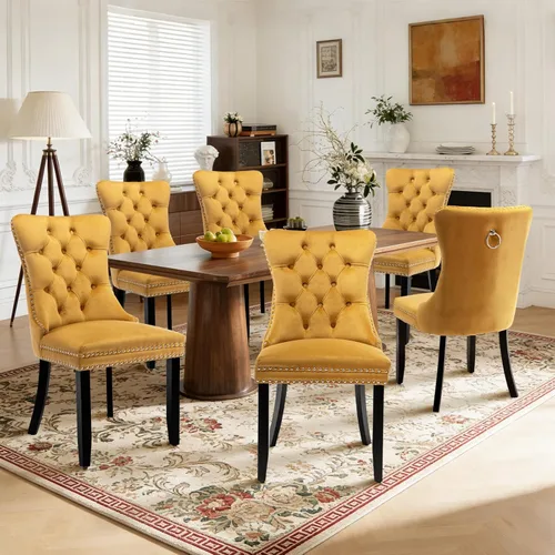 Miniatura 48 de Juego de 4 sillas de comedor de terciopelo, sillas de comedor tapizadas con ribete de cabeza de clavo y patas de madera maciza para cocina