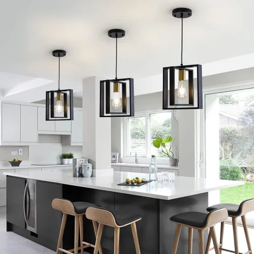 Miniatura 6 de Lámpara colgante negra de granja, candelabro pequeño de 1 luz, lámpara de comedor de madera con cable ajustable, luces colgantes para pasillo, isla
