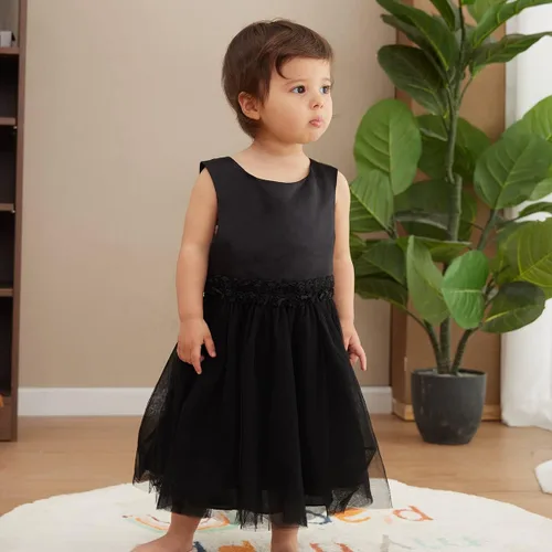 Miniatura 3 de OPAWO Vestido negro para niña pequeña, dama de honor, 3D, tul de encaje, vestido de princesa de satén, vestido de fiesta, concurso, funerario