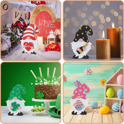 Miniatura 5 de Qunclay 33 piezas intercambiables de gnomo de madera para decoración de verano del 4 de julio, decoración patriótica de gnomo con imán y sombreros