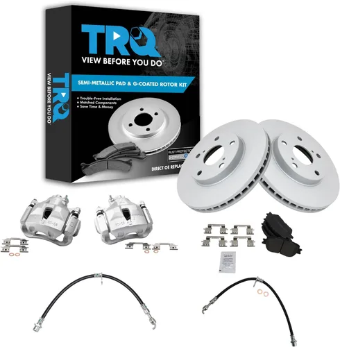 Miniatura 23 de TRQ Kit de pastillas de freno delantero y rotor, pinza de freno, manguera de freno, rotor de freno, semimetálico, revestimiento G, compatible