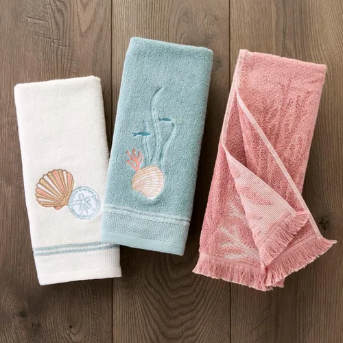 Miniatura 5 de SKL Home Ocean Coral - Juego de 2 toallas de mano esculpidas de 100% algodón premium, 450 GSM, jacquard reversible, suave y absorbente, tropical
