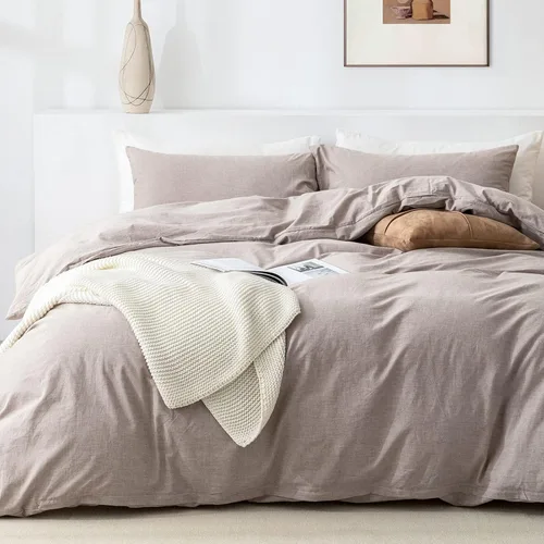 Miniatura 21 de Juego de funda de edredón Queen de 100% algodón lavado 3 piezas, ropa de cama suave, cómoda y transpirable con toque de lino, 1 funda de edredón y 2