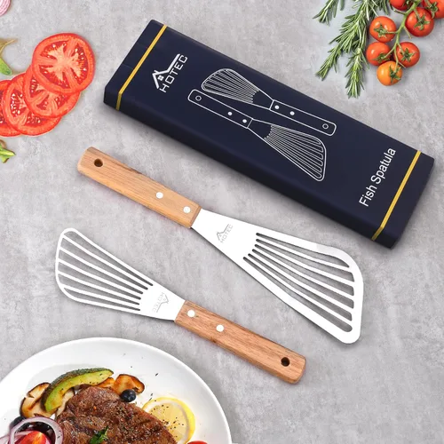 Miniatura 7 de HOTEC 2 piezas Espátula de pescado de acero inoxidable con mango de madera, espátula de metal para voltear alimentos
