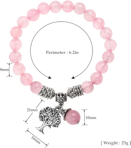 Miniatura 6 de Top Plaza Pulsera elástica de cuarzo rosa con diseño de árbol de la vida piedra de la suerte reiki piedras preciosas de cristal curativo colgante