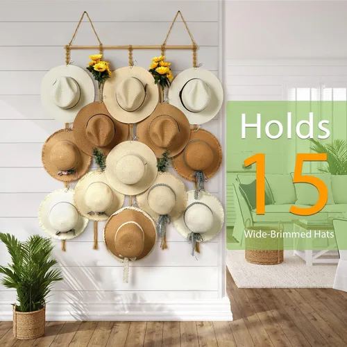 Miniatura 2 de Organizador de Sombreros de Macramé para Pared 15 Clips 31x53 Pulgadas Colgadores Grandes Exhibidor para Sombreros Fedora para Soporte de Sombreros
