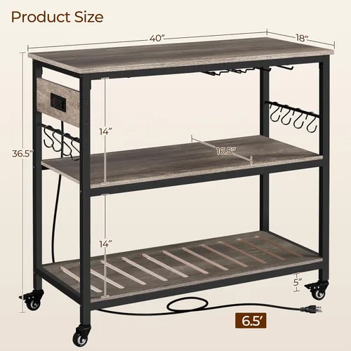Miniatura 3 de Yaheetech Carrito de isla de cocina con toma de corriente, carritos de cocina con ruedas con almacenamiento, soporte de microondas de 3 niveles
