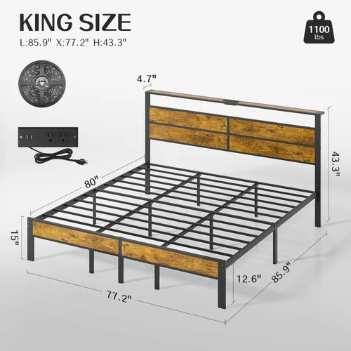 Miniatura 2 de Liians Base de cama tamaño King con cabecera de estación de carga USB tipo C, luces LED inteligentes, plataforma de metal sin ruido, no necesita
