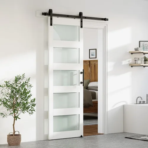 Miniatura 8 de SMARTSTANDARD - Puerta de granero de vidrio de 28 x 84 pulgadas con kit de herrajes deslizantes de 5 pies y asa, preperforada lista para montar