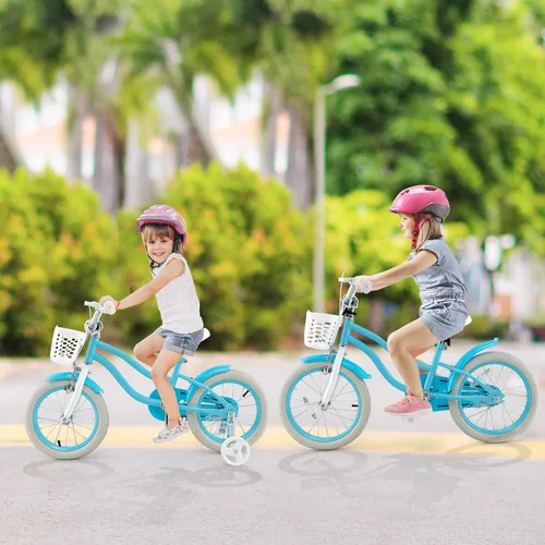 Miniatura 2 de COSTWAY Bicicleta para niños de 12, 14, 16, 18 pulgadas, bicicleta para niños con ruedas de entrenamiento, frenos de mano y posavasos, sillín
