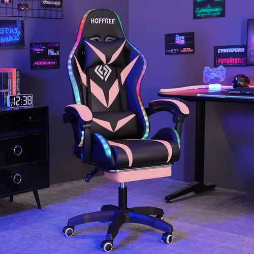 Miniatura 14 de HOFFREE - Silla gamer con masaje, altavoces Bluetooth y luces LED, silla ergonómica para computadora y videojuegos con reposapiés, silla de Azul