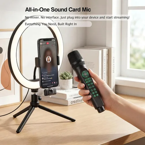 Miniatura 2 de Facmogu MC9 - Micrófono de karaoke y transmisión en vivo con tarjeta de sonido integrada para principiantes de TikTok YouTube, efectos de sonido