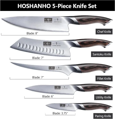 Miniatura 4 de HOSHANHO Juego de 5 piezas de cuchillos, juegos de cuchillos de cocina de acero inoxidable de alto carbono japonés, juego de cuchillos de chef