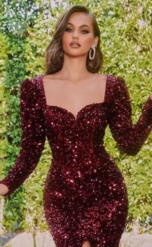 Miniatura 2 de Vestidos de fiesta de sirena de manga larga con lentejuelas y abertura, cuello en V brillante, vestidos de fiesta formales para mujer con cola