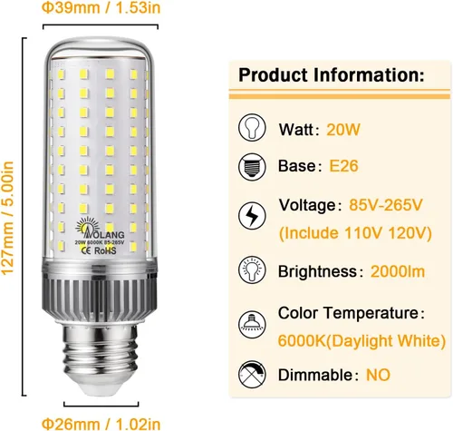 Miniatura 2 de Bombilla LED E26, bombilla LED de maíz de 20 W, equivalente a 180 W, 6000 K, luz blanca diurna, 2000 lúmenes, no regulable, sin parpadeo, ventilador