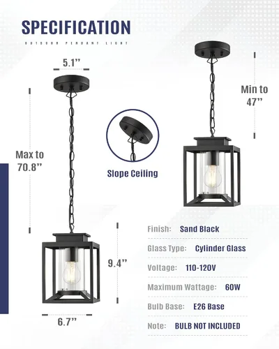 Miniatura 3 de Lámpara colgante exterior para porche, luz colgante negra de 1 luz, lámpara colgante exterior moderna con vidrio cilíndrico y cadena ajustable