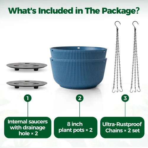 Miniatura 6 de T4U Macetas colgantes de 8 pulgadas para plantas de interior y exterior, juego de 2 macetas auto-regantes con agujero de drenaje, tapón y cadena