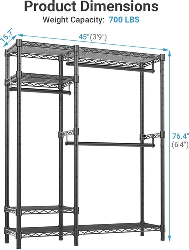 Miniatura 4 de VIPEK V2 Perchero de Ropa de Servicio Pesado, Percheros de Ropa de Metal Portátiles con 4 Niveles de Estantería de Alambre Ajustable y 3 Barras