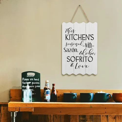 Miniatura 10 de Letrero de madera con texto en inglés «This Kitchen is Seasoned with Sazon Adobo Sofrito & Love» La Cocina española puertorriqueña para decoración