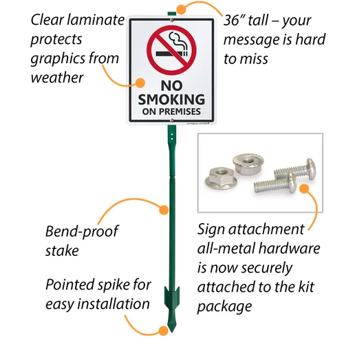 Miniatura 3 de SmartSign Letrero LawnBoss® "No Smoking on Premises" Letrero de aluminio de 10 x 12 pulgadas con estaca de 3 pies