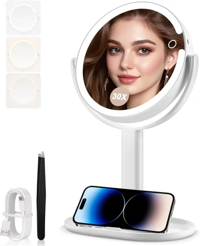 MIYADIVA Espejo de maquillaje con luces, espejo de aumento 30X con interruptor de 2 lados, espejo de tocador con 3 colores y brillo ajustable, 80