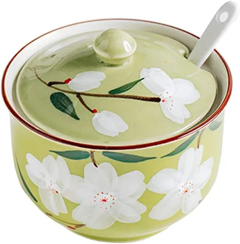 Miniatura 10 de FUYU Tarro de condimentos de cerámica con flores pintadas a mano con tapa y cuchara, recipiente para azúcar Azul