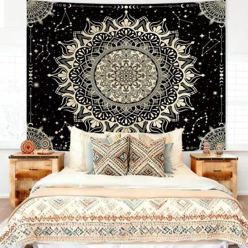 Miniatura 3 de Apdidl Tapiz bohemio de mandala negro para estética de dormitorio, decoración hippie, astrología espacial, arte de pared, tapices de techo, manta