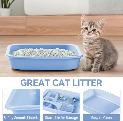 Miniatura 4 de PAWISE Juego de 5 piezas de caja de arena para gatos recién nacidos, bandeja de arena para gatos poco profundos, cuencos de alimentación, kit de Azul