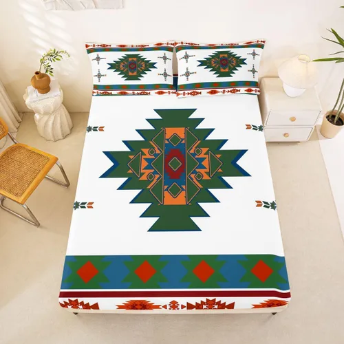 Miniatura 48 de Juego de ropa de cama occidental tamaño individual, sábanas aztecas, estilo nórdico exótico, bohemio, sábana bajera ajustable de tribu india