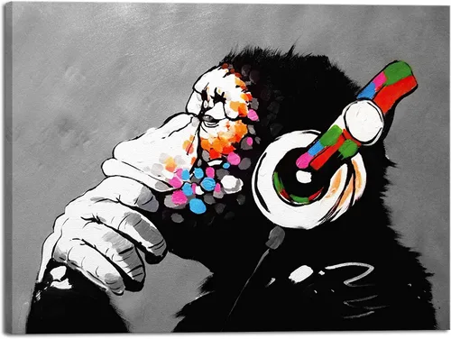 Miniatura 13 de Wieco Art Marco Negro Mono con Auriculares Banksy Arte de Graffiti Abstracto Pinturas en Lienzo Impresiones Arte de Pared en Lienzo de Animales