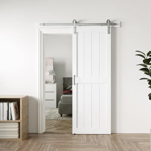 Miniatura 8 de Puerta corrediza de granero MDF de 30 x 80 pulgadas con kit de herrajes para puerta de granero de 5 pies, losa para puerta de granero con superficie