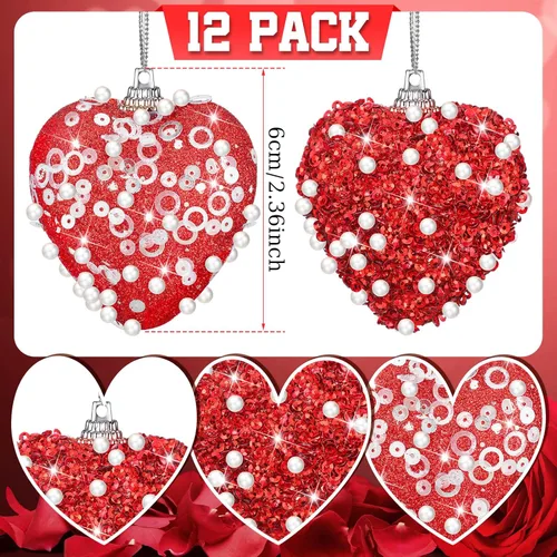 Miniatura 3 de Halloscume 12 adornos de corazón para el día de San Valentín con lentejuelas con purpurina en forma de corazón, decoración colgante de espuma