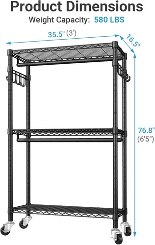 Miniatura 6 de VIPEK R2 Perchero de ropa resistente para colgar ropa, estante de prendas rodante ajustable con barras dobles y ganchos, armario independiente