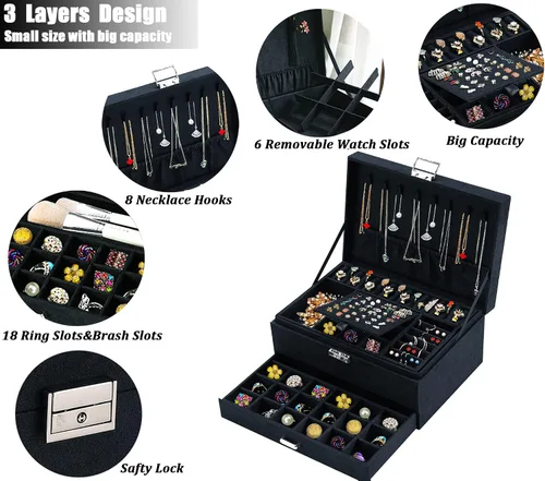 Miniatura 2 de QBestry Caja organizadora de joyas para mujeres y hombres caja de joyería de terciopelo negro de 3 capas grande de almacenamiento de joyas