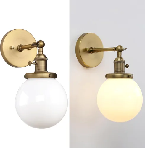 Miniatura 7 de Pathson Aplique de pared cableado con globo blanco, luz de tocador de baño de latón con interruptor de encendido y apagado, lámparas de pared