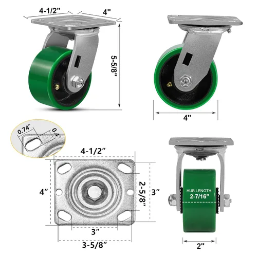 Miniatura 2 de Ruedas giratorias, ruedas industriales de 4 pulgadas resistentes, poliuretano en rueda de acero, ruedas giratorias de placa superior