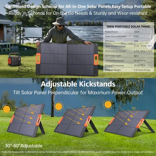 Miniatura 6 de Panel solar de 100 W, paneles solares portátiles tipo N 16BB para central eléctrica, panel solar plegable, QC3.0 USB-A y tipo C, 25% de alta