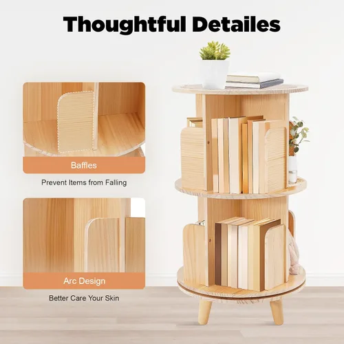 Miniatura 8 de Estantería giratoria, estantería esquinera independiente de 360 grados para espacios pequeños, estante de almacenamiento de madera maciza, 2-Tier