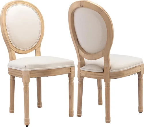 Miniatura 37 de Juego de 2 sillas de comedor de campo francés, sillas de comedor de madera de granja beige, silla de comedor con respaldo tejido con cojín tapizado