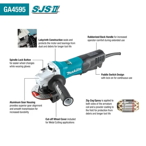 Miniatura 2 de Makita GA4595 Amoladora angular de alta potencia SJSII de 4-1/2", interruptor de paleta