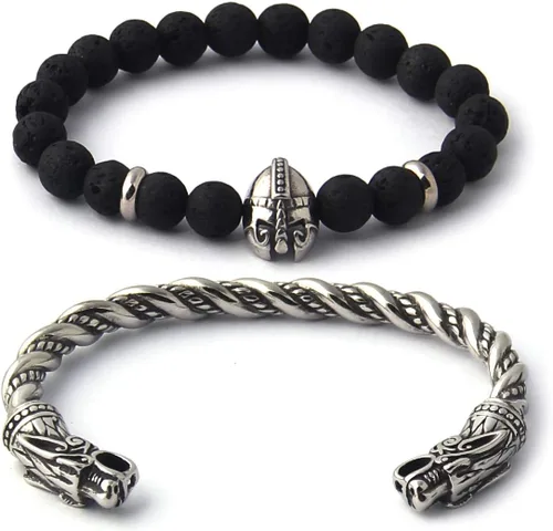 BAVIPOWER Pulsera de cabeza de lobo hecha a mano, ajustable, de acero inoxidable, escandinavo nórdico, auténtica joyería vikinga, Metal