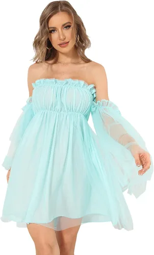 Halfword Vestido corto de manga larga con volantes y hombros descubiertos para mujer, vestido corto de fiesta de malla con volantes